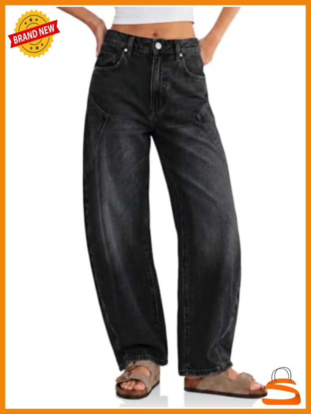 Baggy Barrel Jeans High Waisted Wide Leg Raw Hem Denim Pants Button Zip